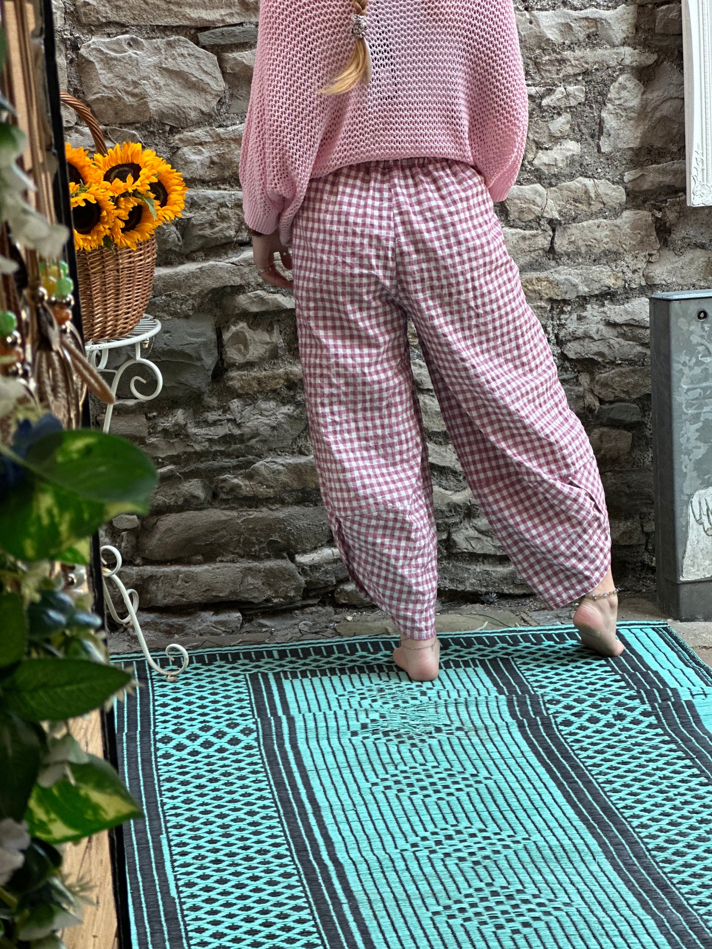 Tama Gingham Barrel Trousers With patch pockets and Lapped Hem In Baby Pink/White One Size Fits Size 8-18