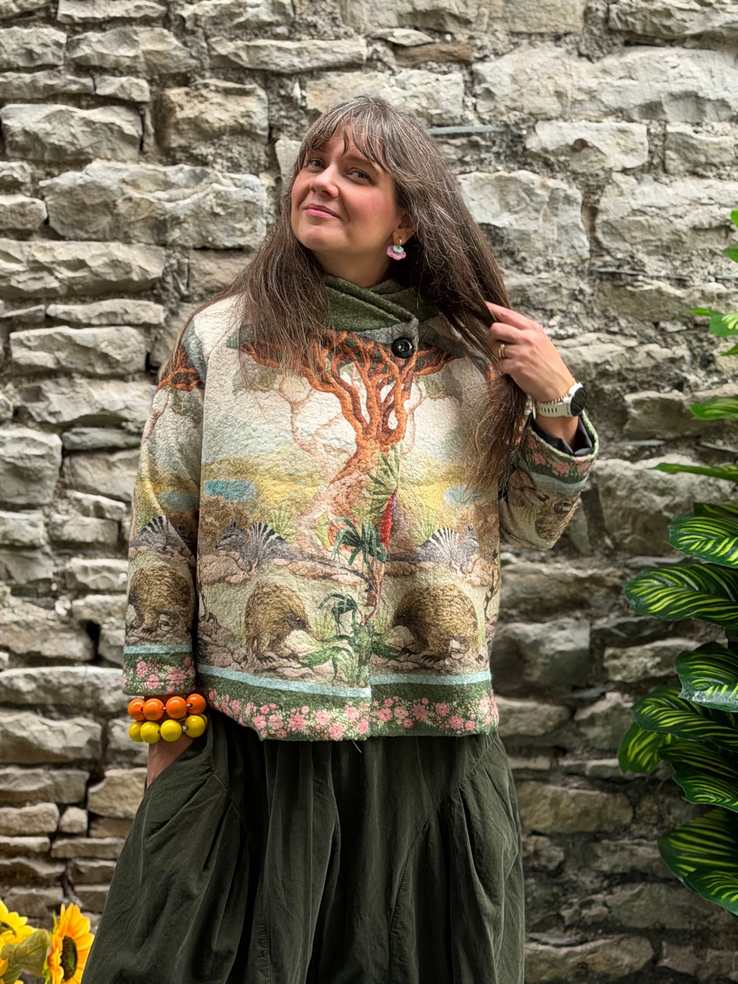 The Stunning Akeya Boucle Knot Jacket One Size 10-16 Eden Garden Print 50% Wool