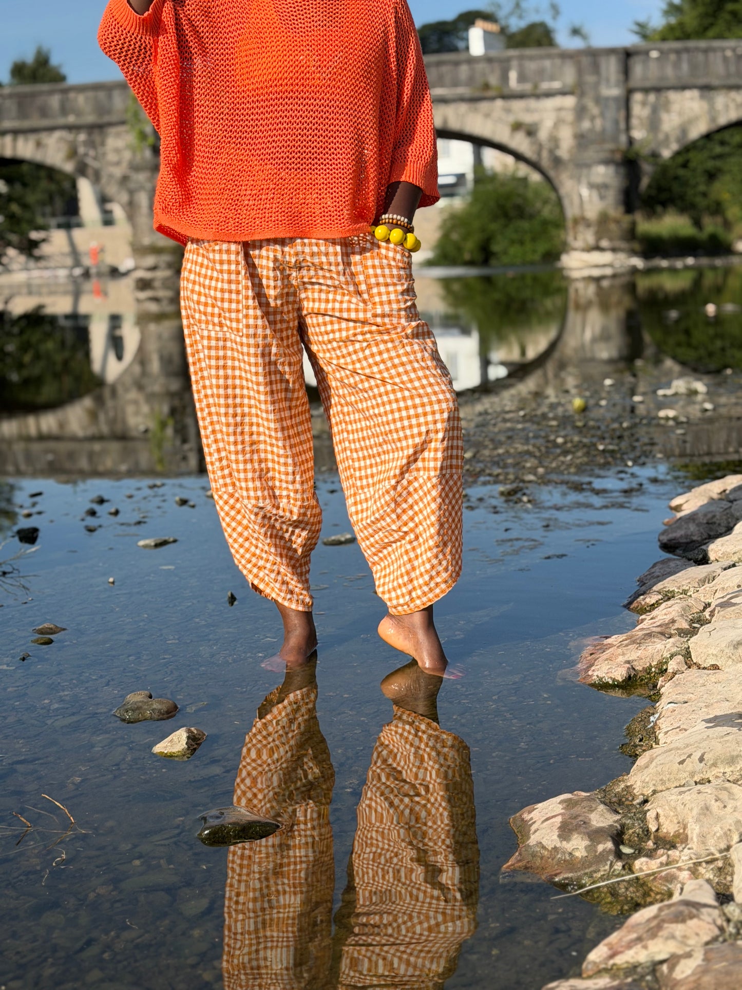 Tama Gingham Barrel Trousers With patch pockets and Lapped Hem In Baby Orange /White One Size Fits Size 8-16