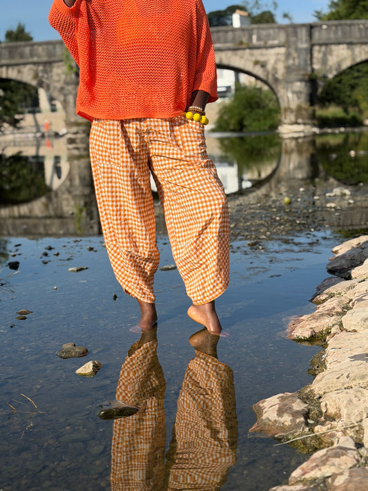 Tama Gingham Barrel Trousers With patch pockets and Lapped Hem In Baby Orange /White One Size Fits Size 8-16