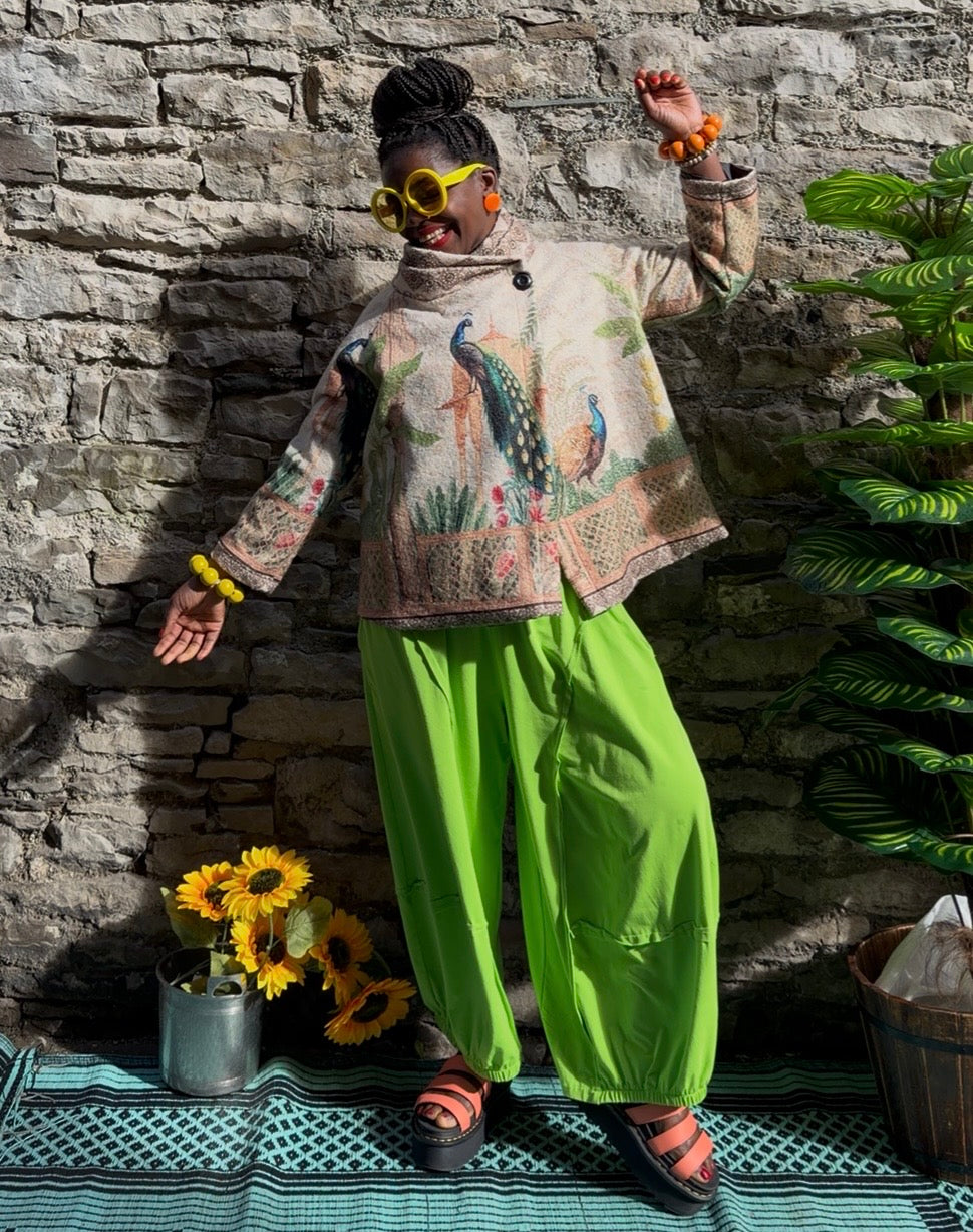 The Stunning Akeya Boucle Knot Jacket One Size 10-16 Peacock Print 50% Wool