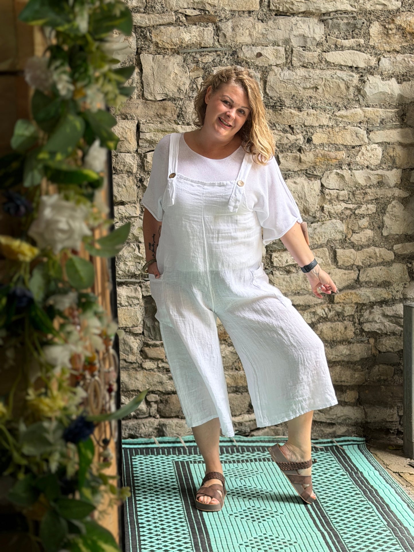 Pure Linen White Dungarees One Size Fits Sizes 8-14