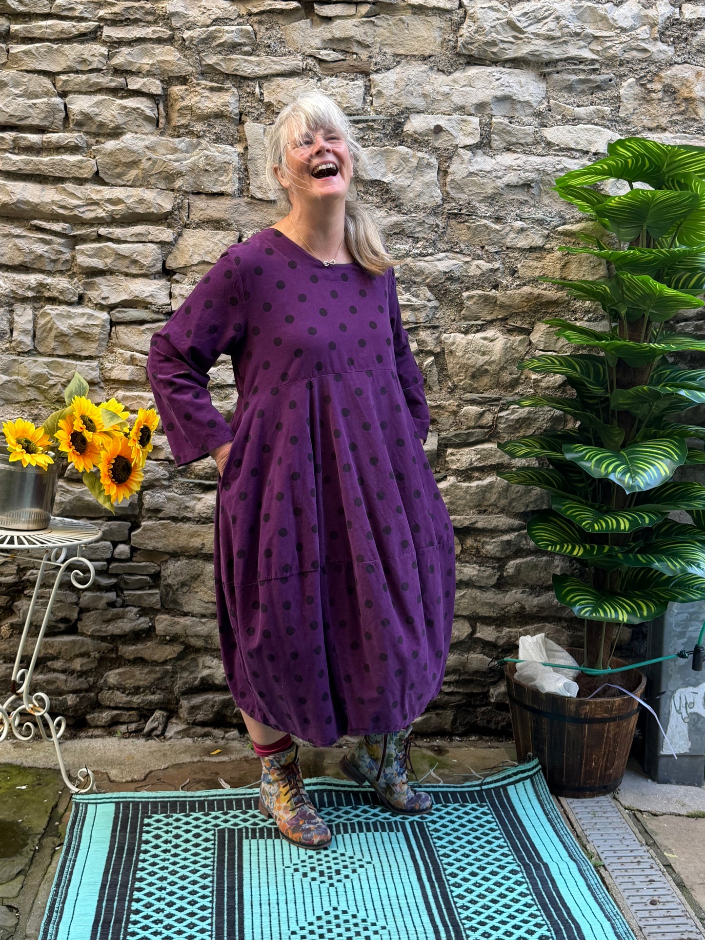 Lagenlook Stunning Purple and Black Spotty Cord Two Pockets Dress With Balloon Skirt One Size Fits Size 10-18