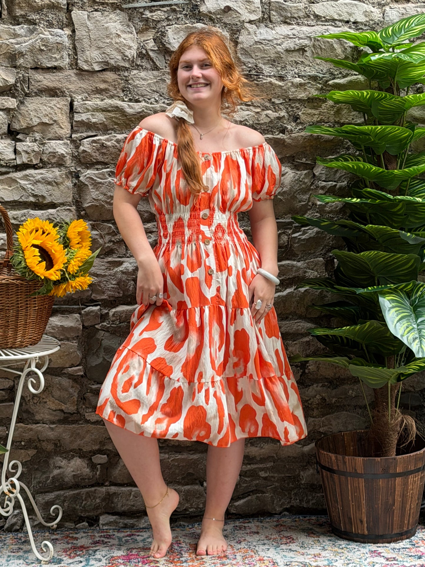 Stunning Printed Atta Dress In MIDI Length Fits Size 8-20 in orange