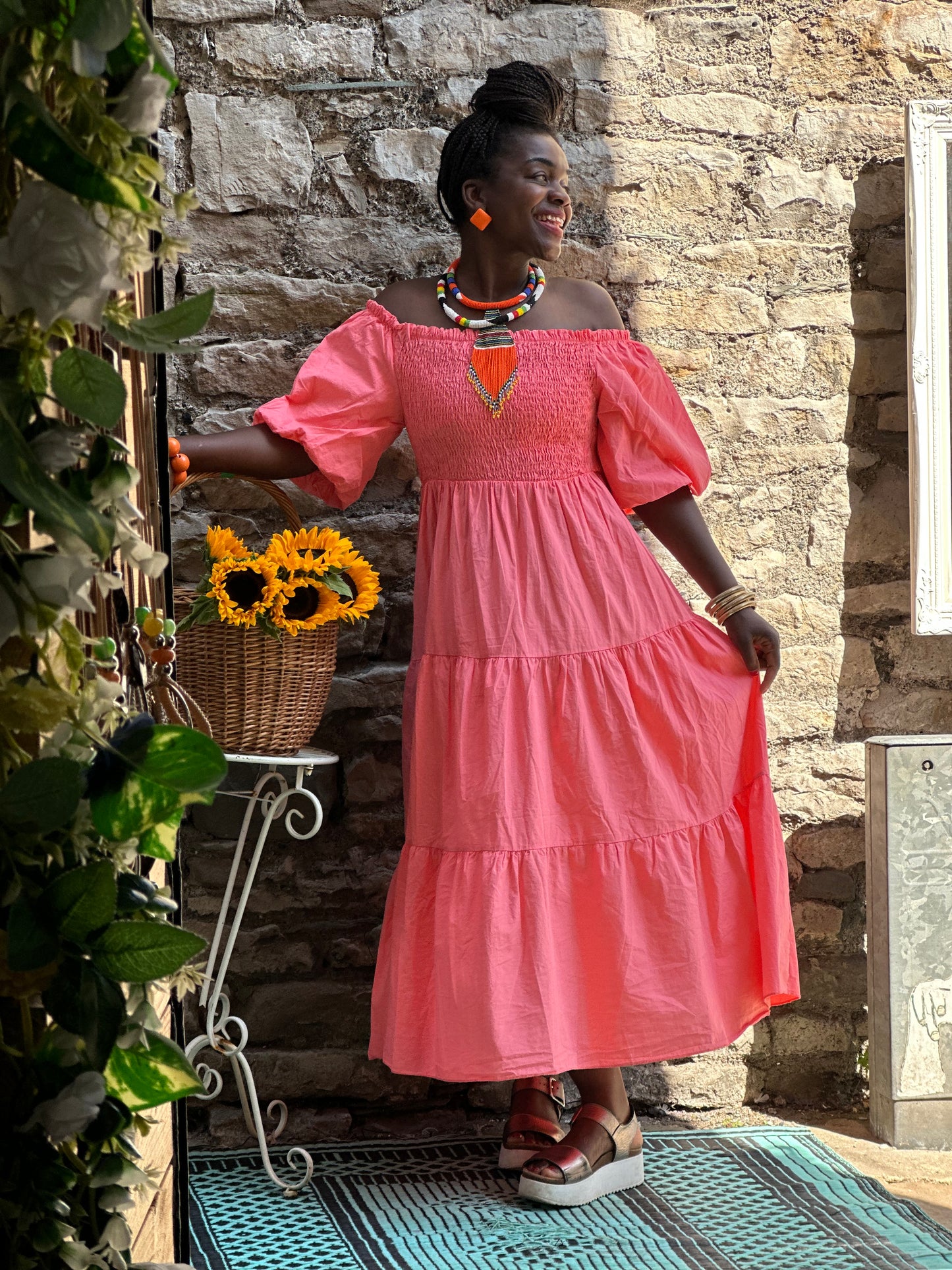 Stunning Fatima Shirred Bust Dress Fit Size 10-20 in Coral Pink