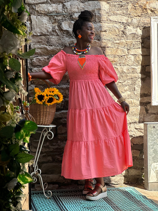 Stunning Fatima Shirred Bust Dress Fit Size 10-20 in Coral Pink