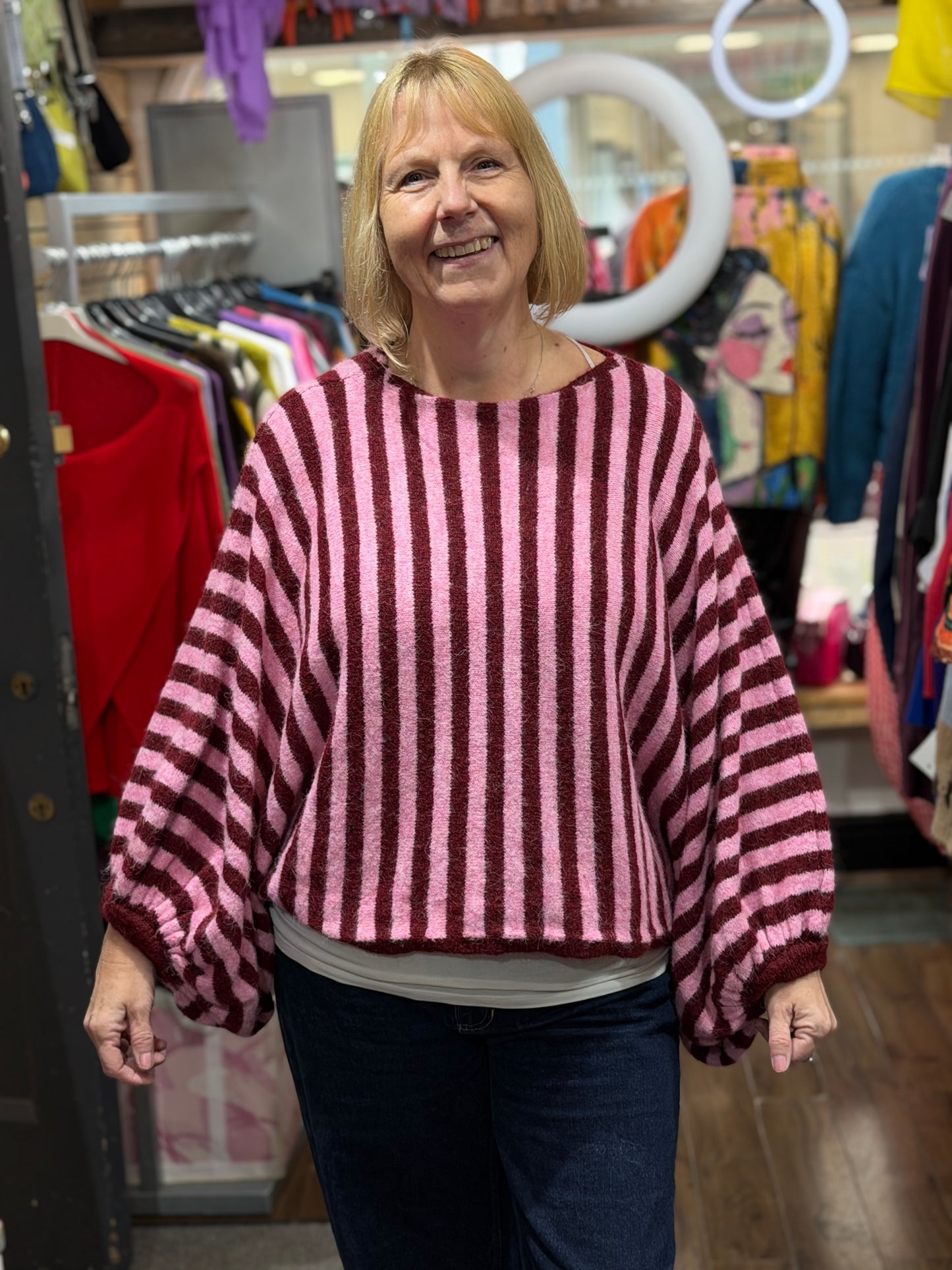 Stunning Kiwa Striped Jumper With Puff Sleeves In Wine Red and Pink