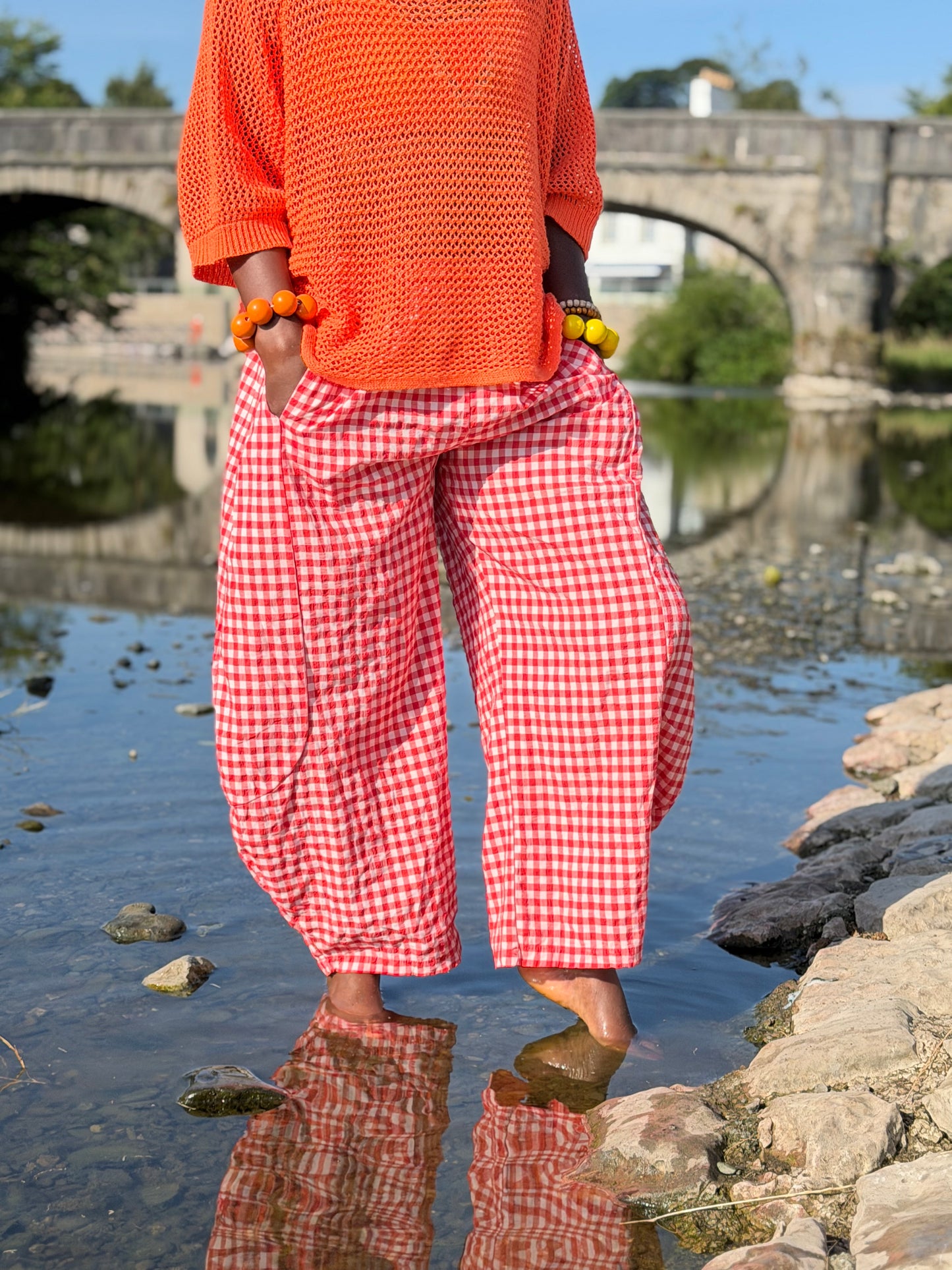 Tama Gingham Barrel Trousers In RED/White One Size Fits Size 8-18