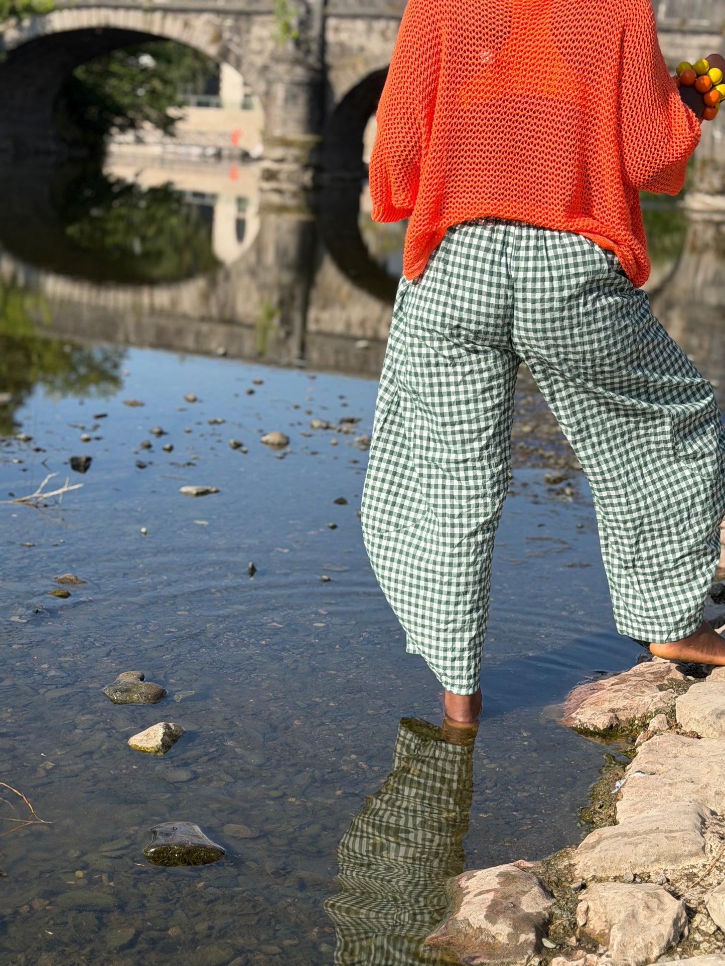 Tama Gingham Barrel Trousers In Bottle Green/White One Size Fits Size 8-18