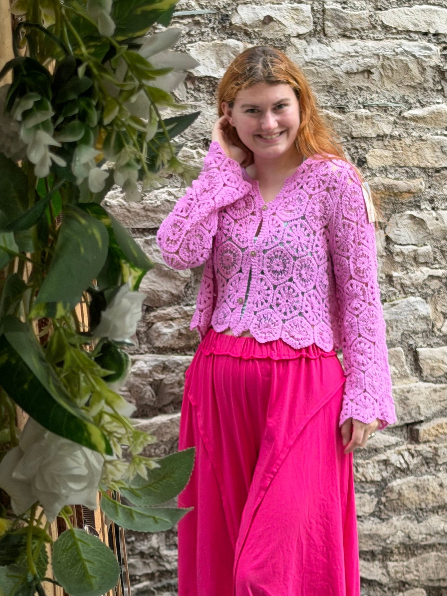 Amoki Crochet long sleeve button up top One Size Fits 6-16 in Light Pink