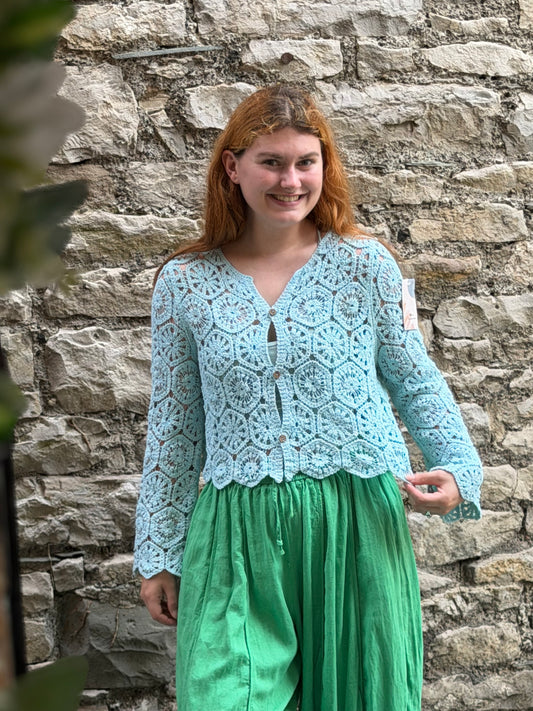 Amoki Crochet long sleeve button up top One Size Fits 6-16 in Light Mint Green/Blue