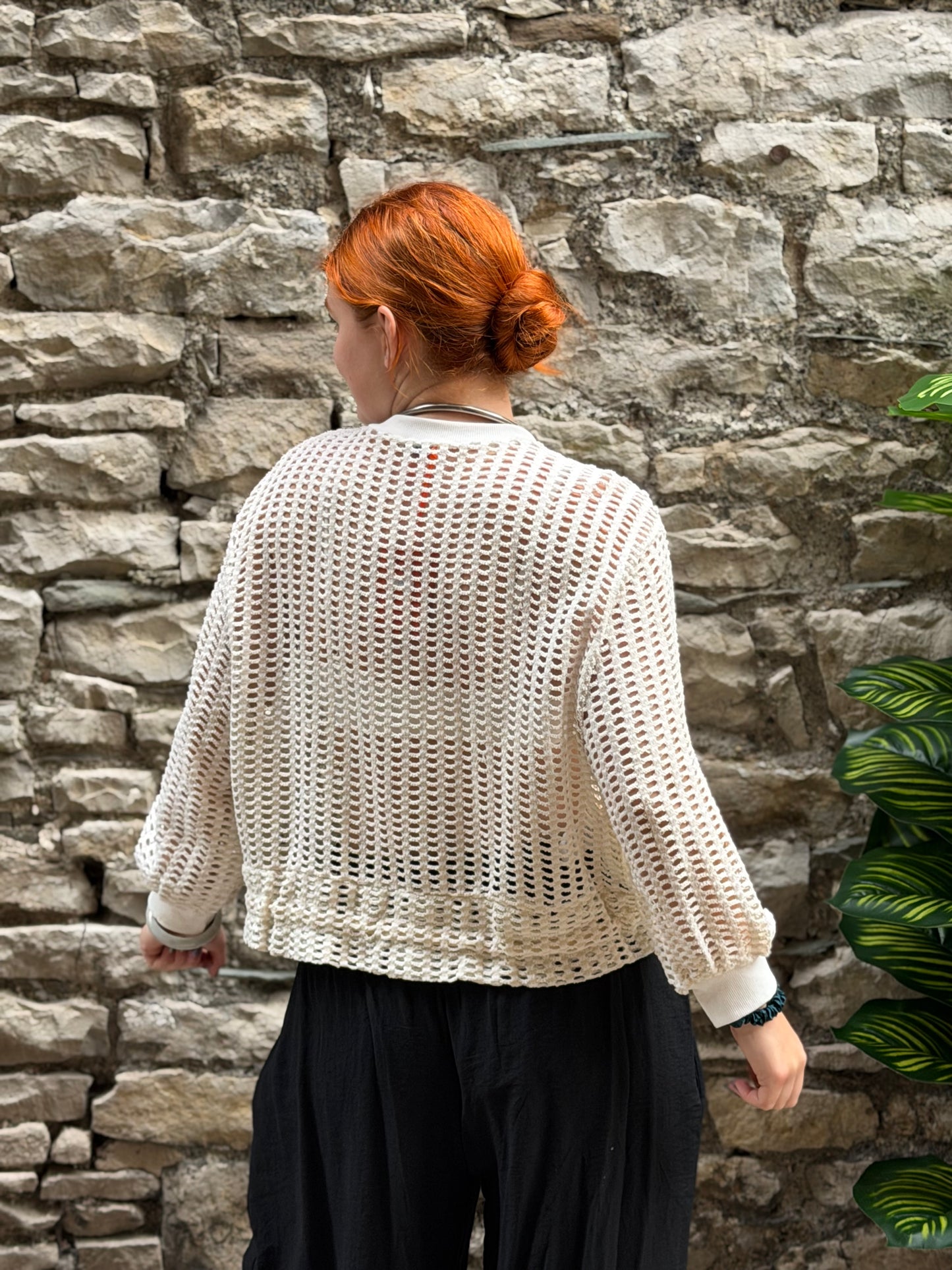 Affih Crochet look bomber jacket with hem drawstring one size fits 8-16 in white with gold shimmer effect