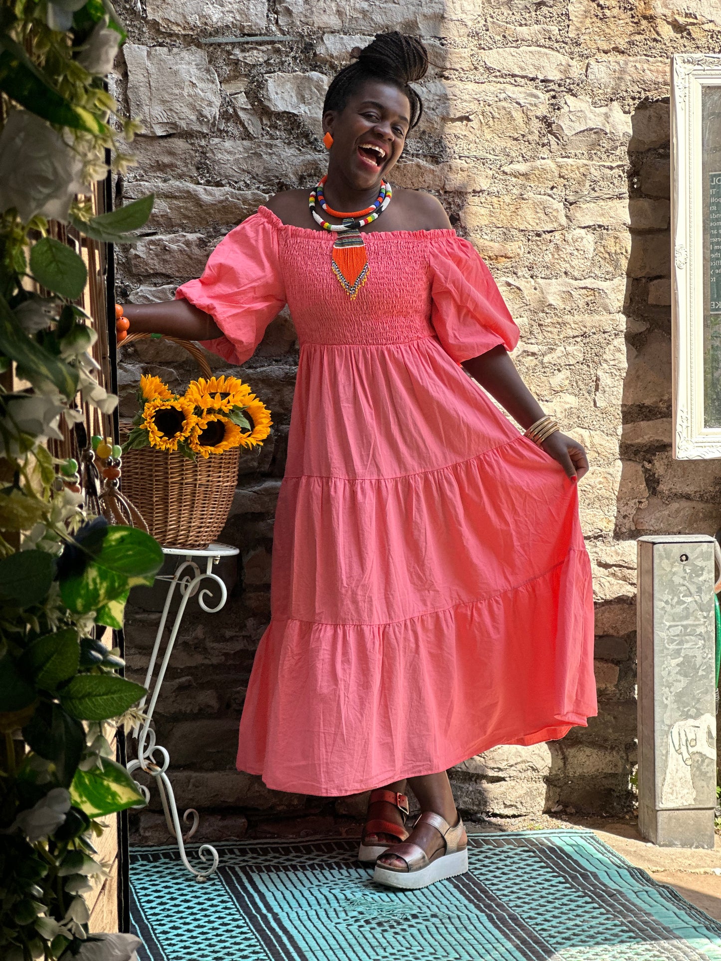 Stunning Fatima Shirred Bust Dress Fit Size 10-20 in Coral Pink