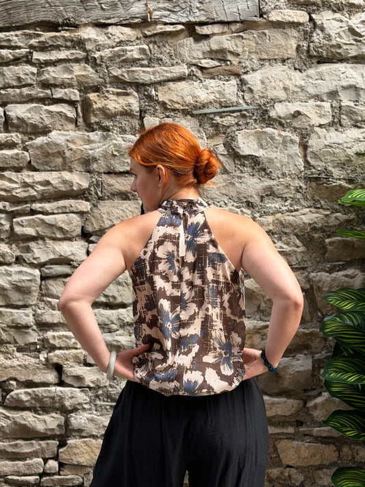 Halter neck sleeveless blouse one size fits 8-14 in brown print