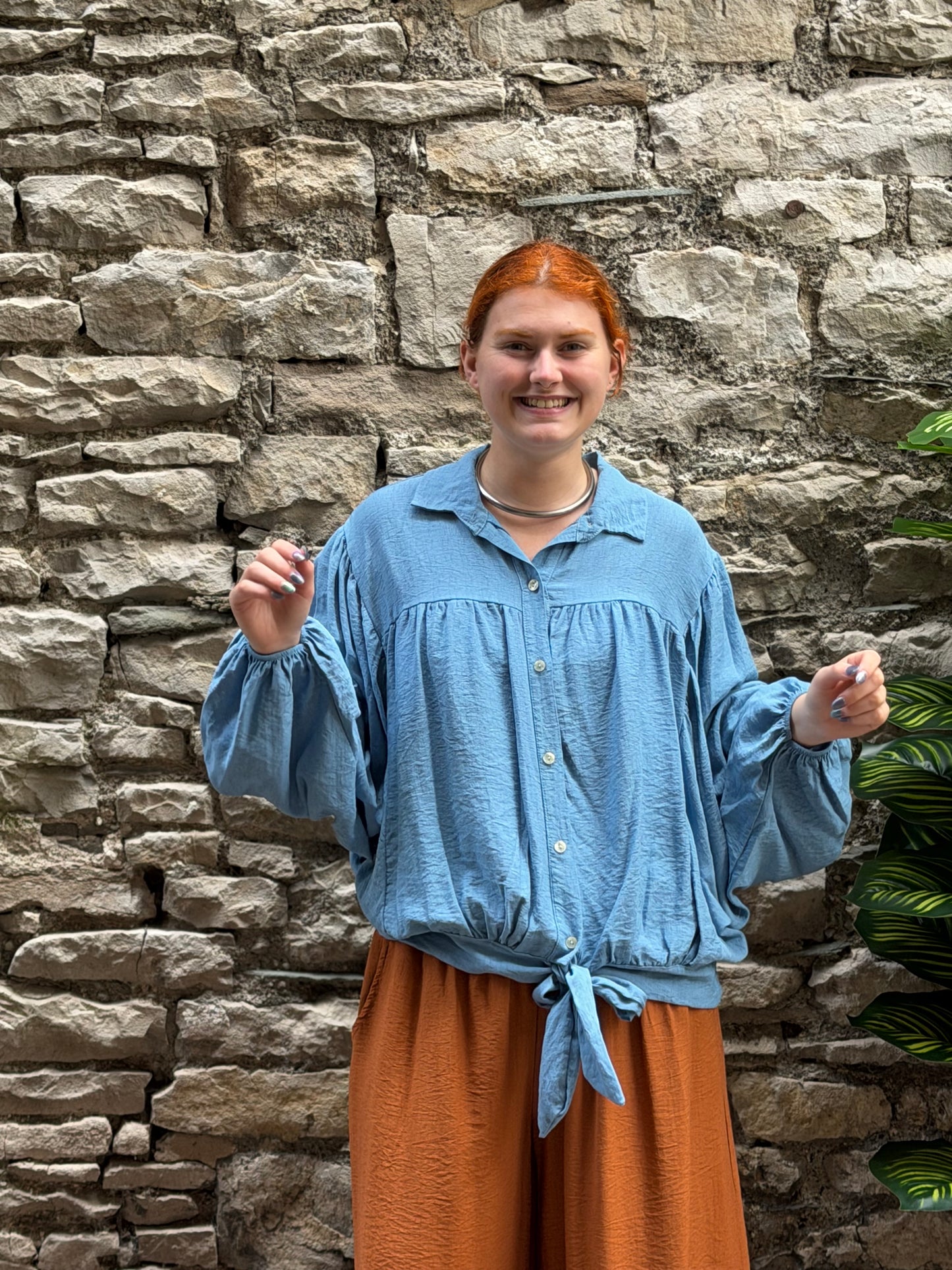 Oversize batwing shirt with tie hem detail one size fits 8-20 in light blue