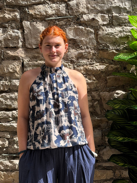 Halter neck sleeveless blouse one size fits 8-14 in blue print