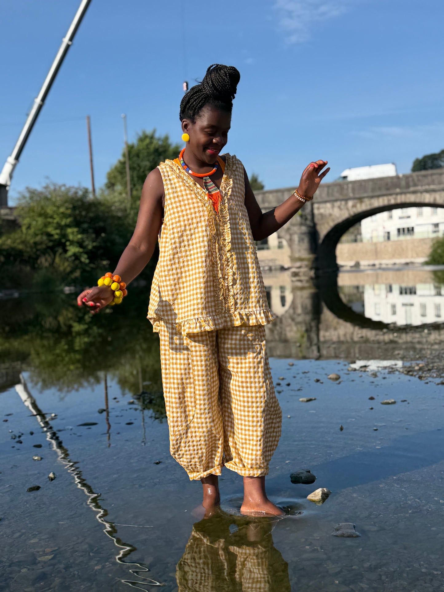 Tama Gingham Barrel Set Top And Trousers In Mustard One Size Fits Size 8-18