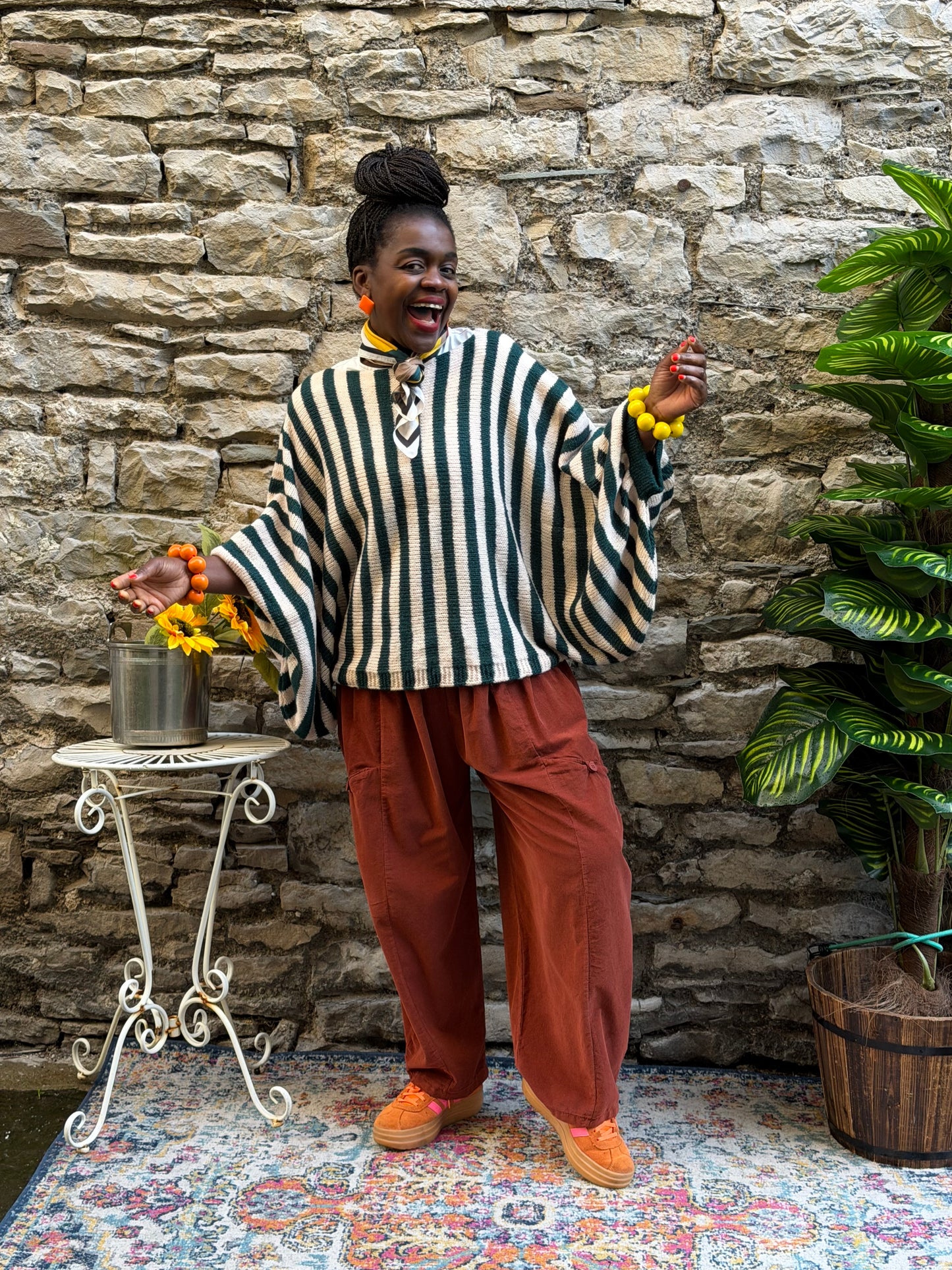 Stunning Kiwaza Striped Jumper With Puff Sleeves In Beige and Green