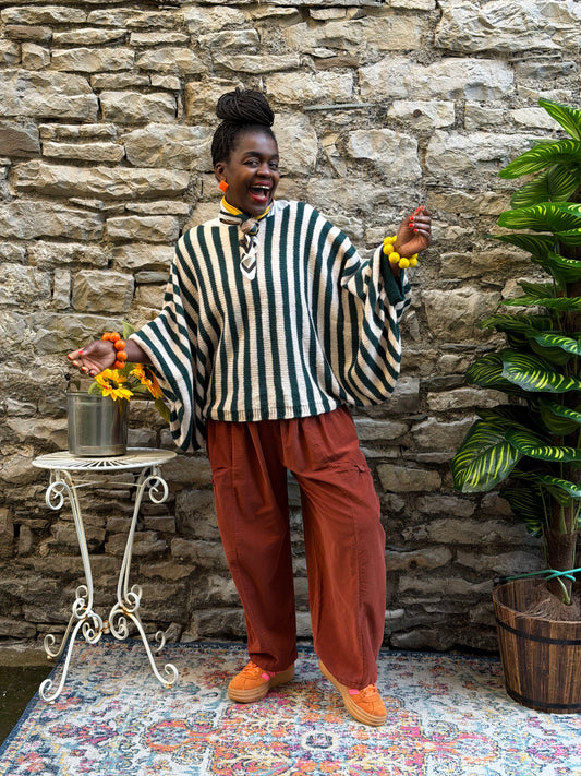 Stunning Kiwa Striped Jumper With Puff Sleeves In Beige and Green