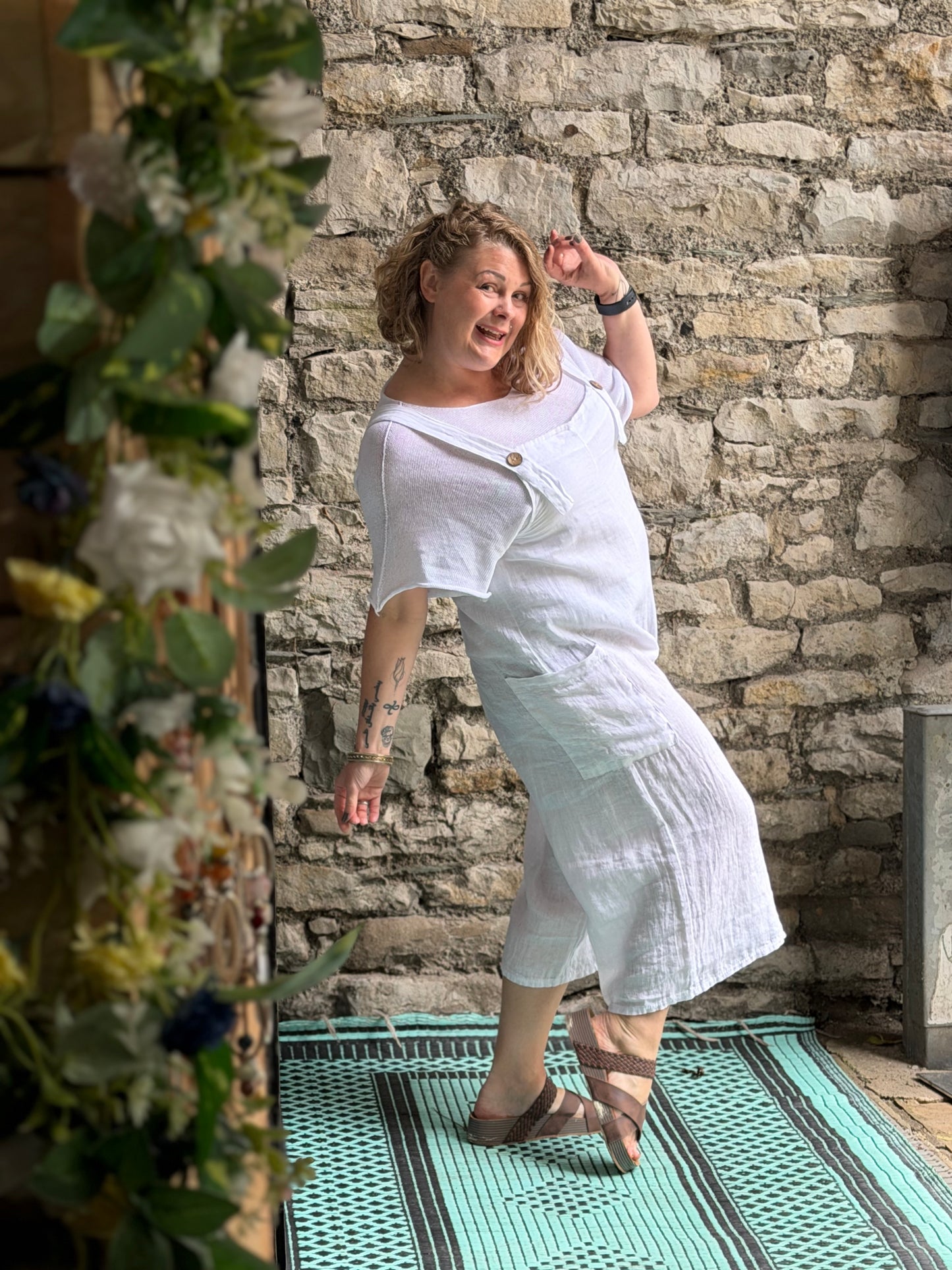 Pure Linen White Dungarees One Size Fits Sizes 8-14