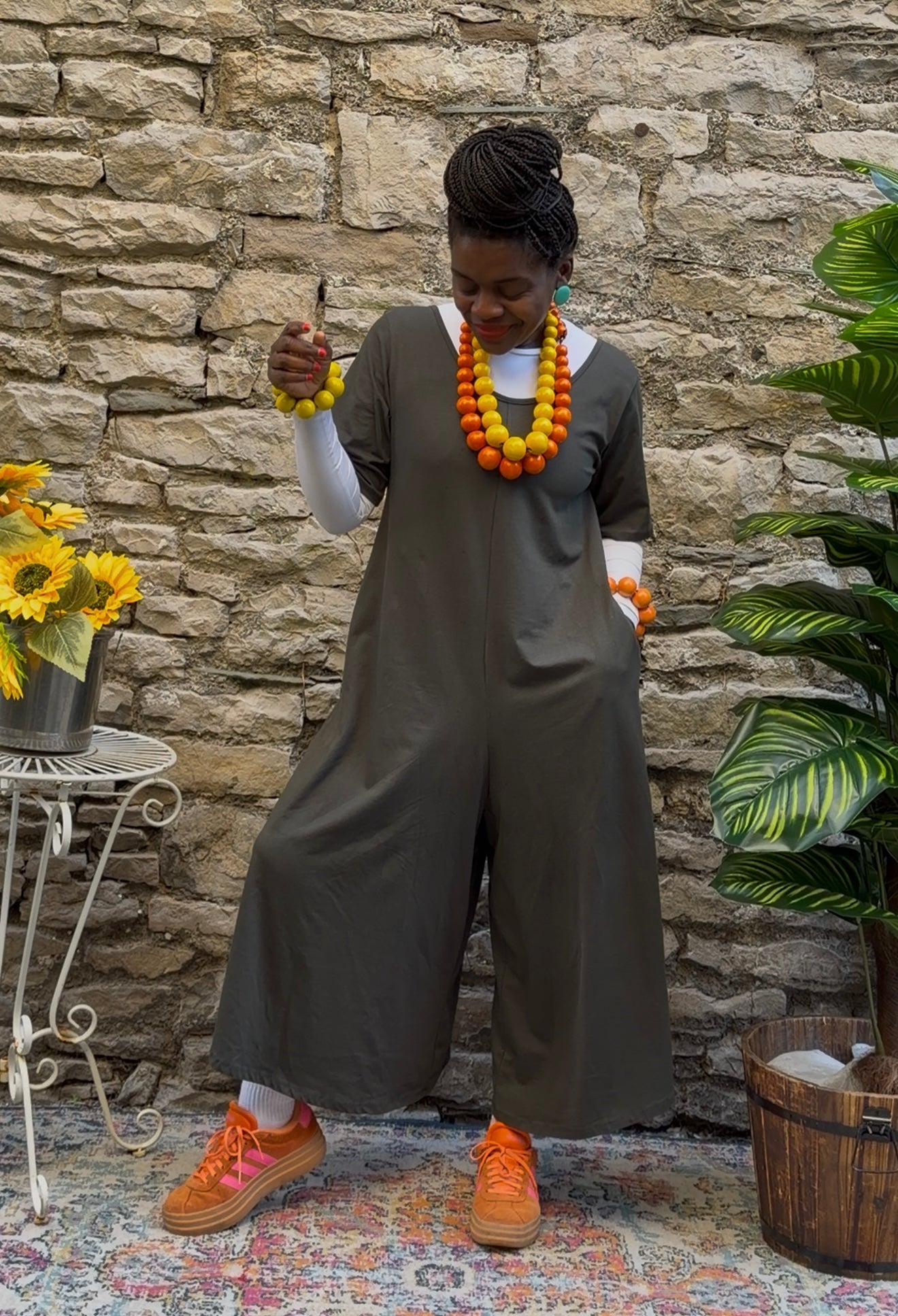 Obbe short sleeve Wide Leg jumpsuit in one size fits 8-20 in Khaki