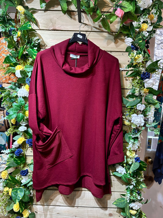 Burgundy Roll Neck One Pocket Sweater Top Size 8-18