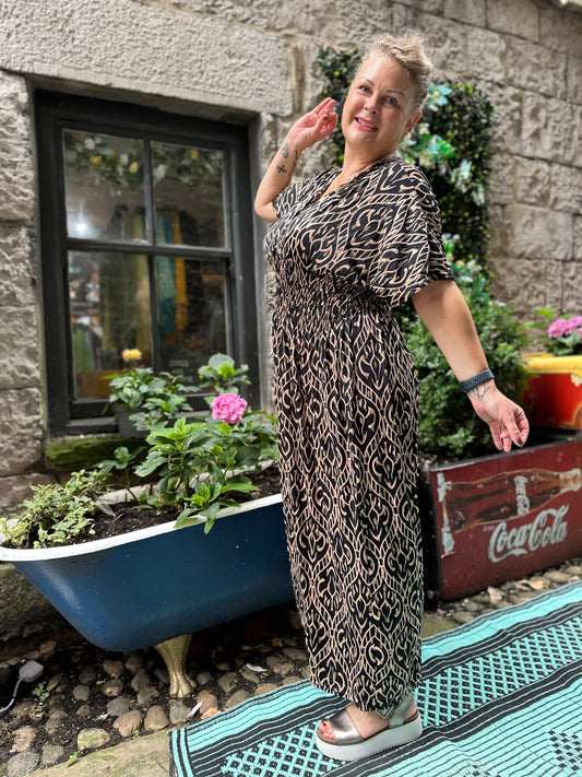Tina Heart Stunning Black and Gold Printed Maxi Dress Fits Size 10-26