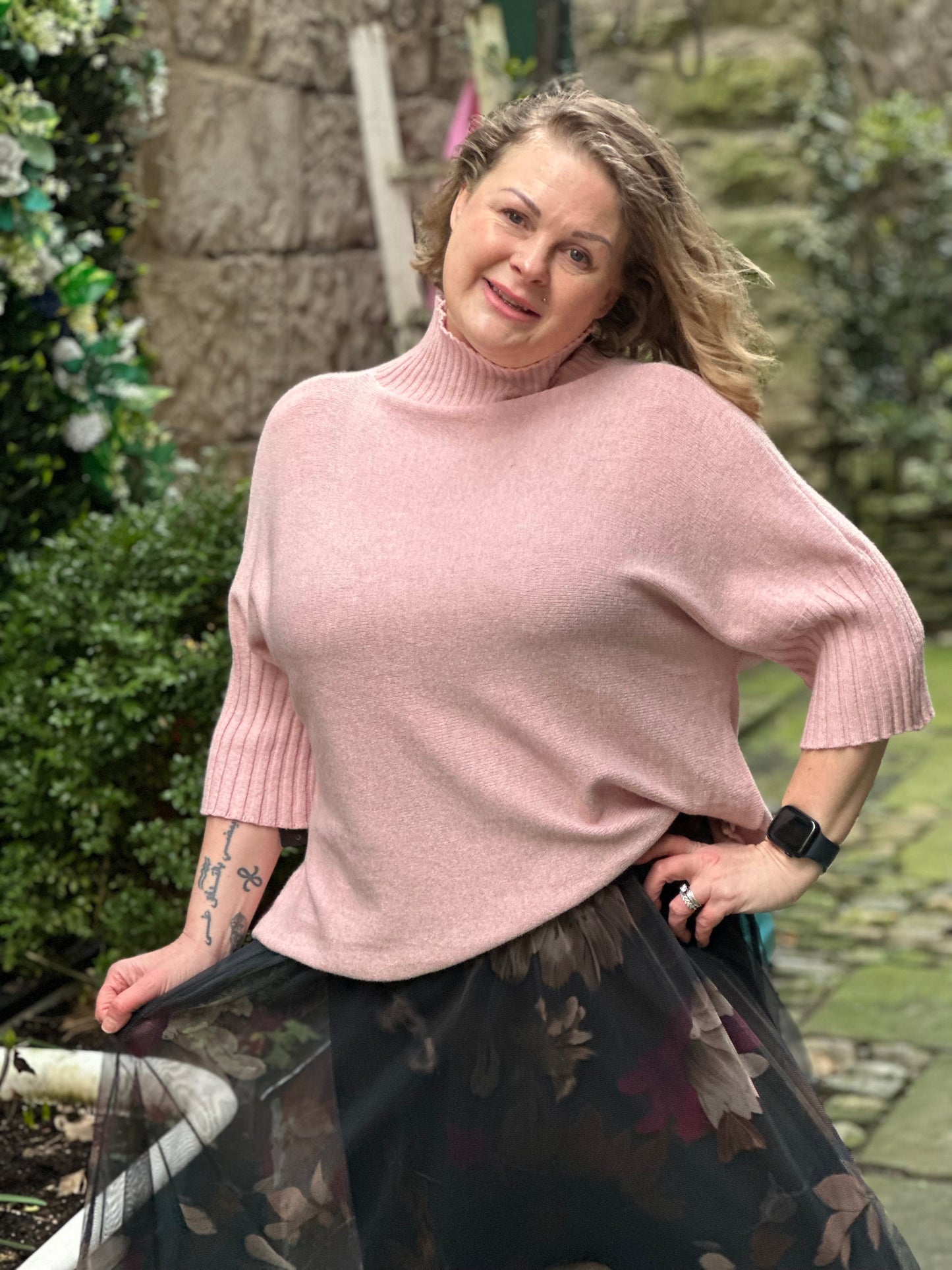 Stunning Ayana knitted Ribbed Neck Jumper In Rose Pink Size 8-20