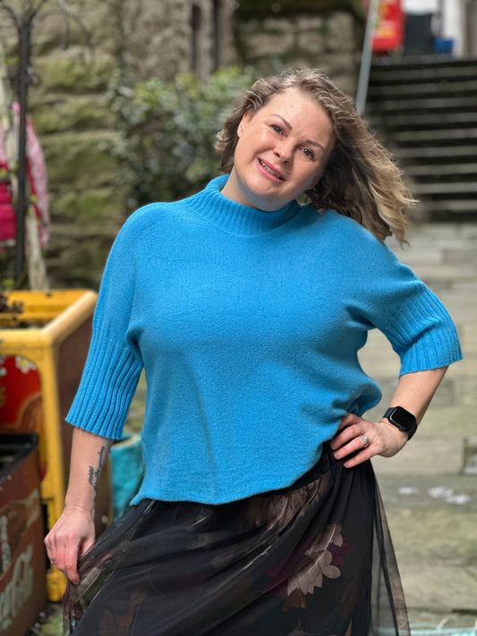 Stunning Ayana knitted Ribbed Neck Jumper In Sea Blue Size 8-20