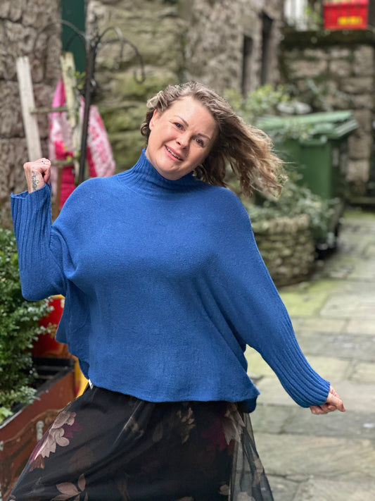 Stunning Ayana knitted Ribbed Neck Jumper In Cobalt Blue Size 8-20