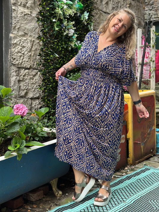 Tina Heart Stunning Navy and Gold Printed Maxi Dress Fits Size 10-26