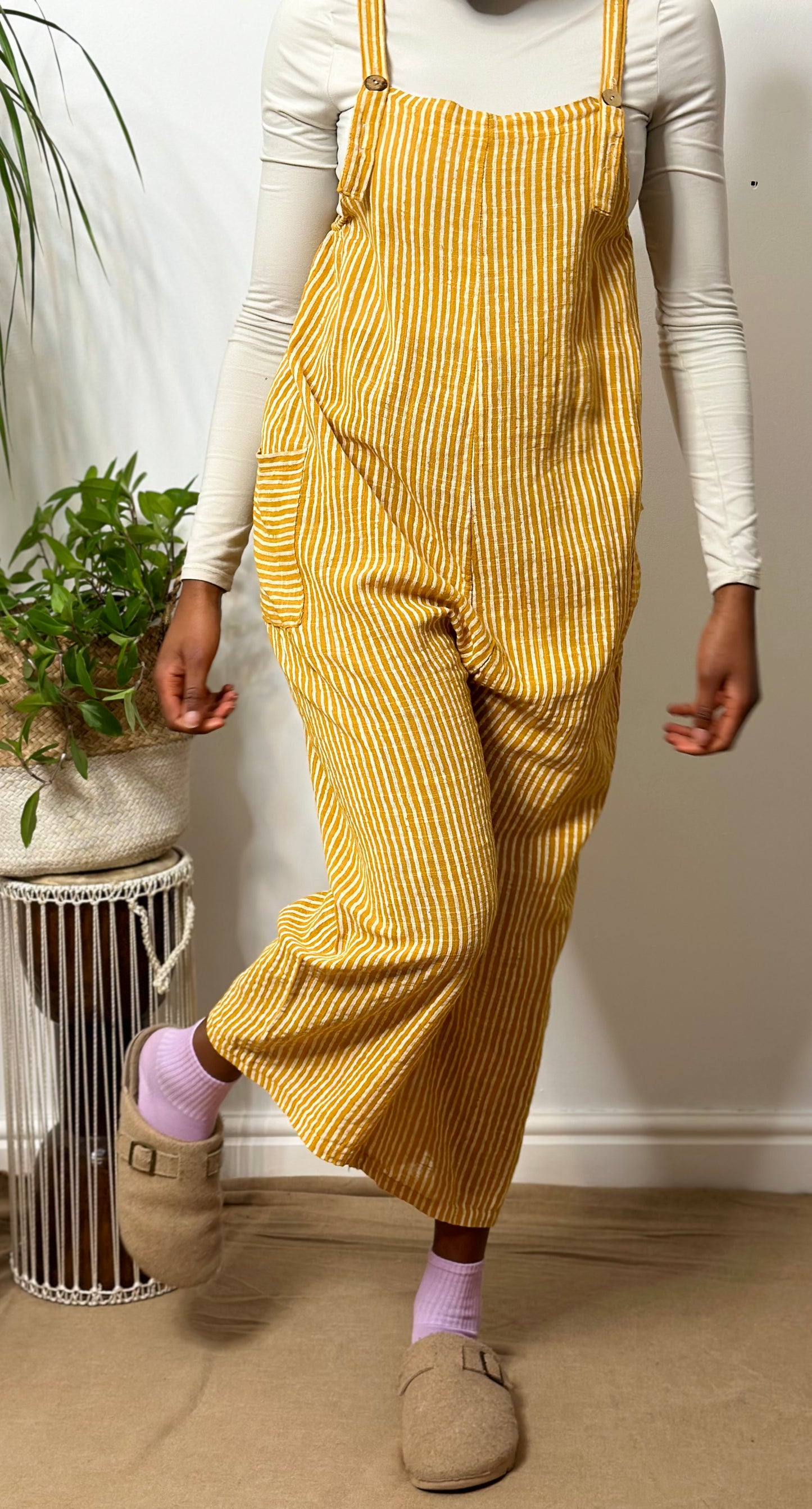 Cotton Striped Zaza Dungarees in white/Mustard Size 6-14