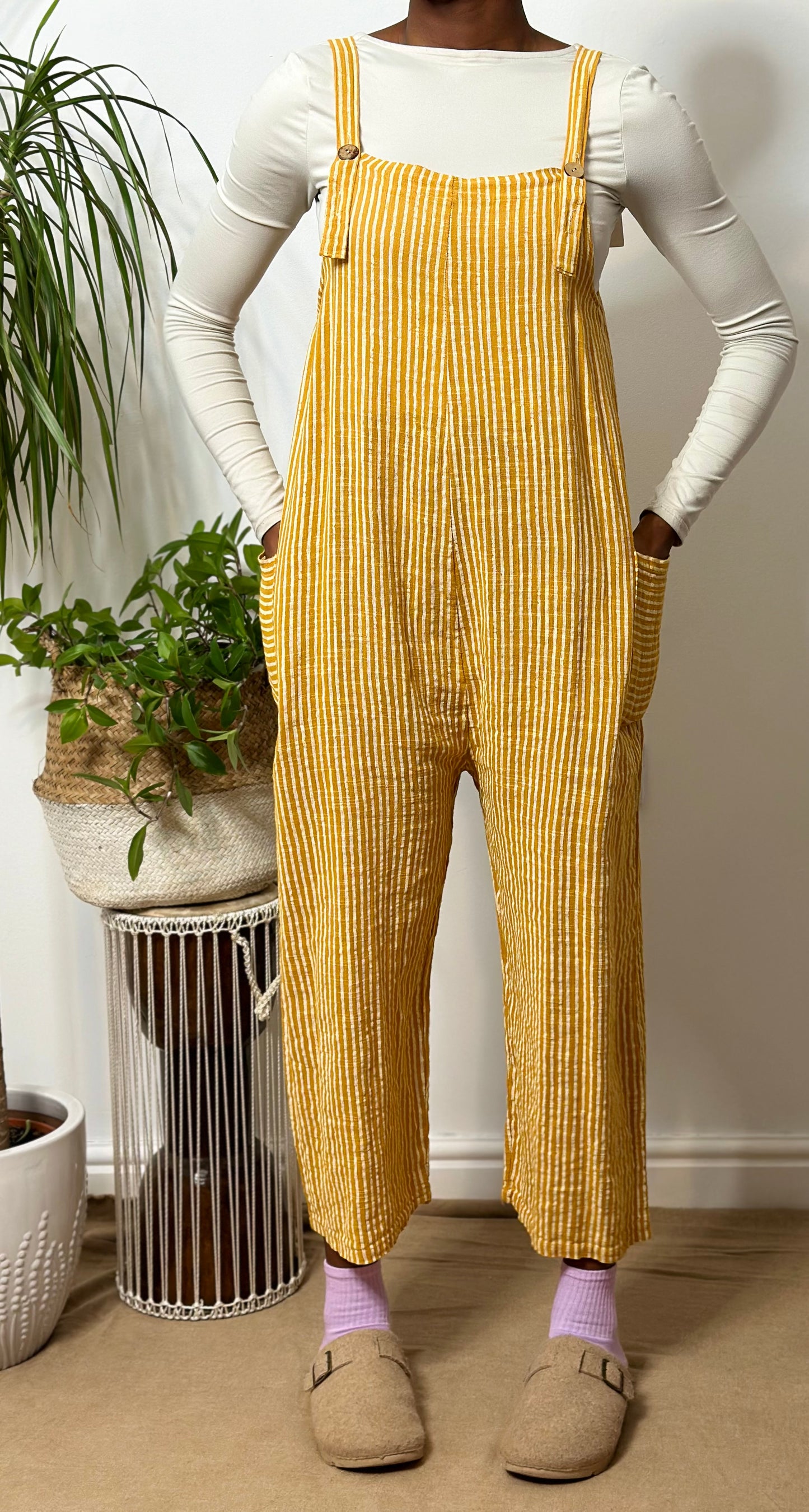 Cotton Striped Zaza Dungarees in white/Mustard Size 6-14