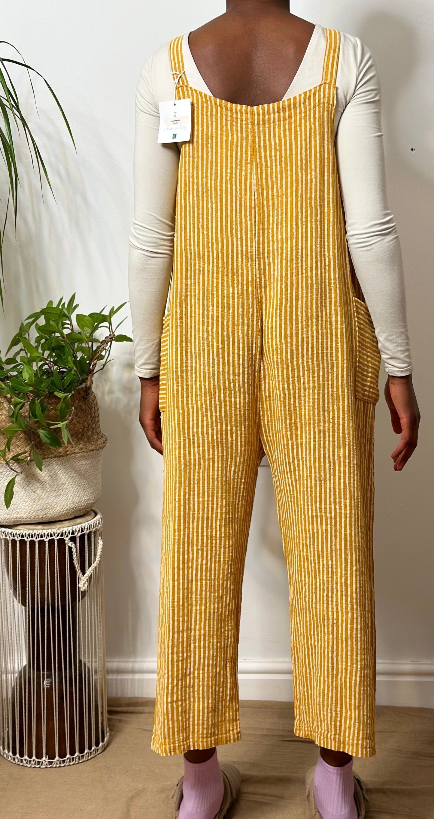 Cotton Striped Zaza Dungarees in white/Mustard Size 6-14