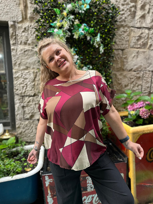 Ossa Geo Print Top Fits Size 8-18 mix Burgundy mix Colours