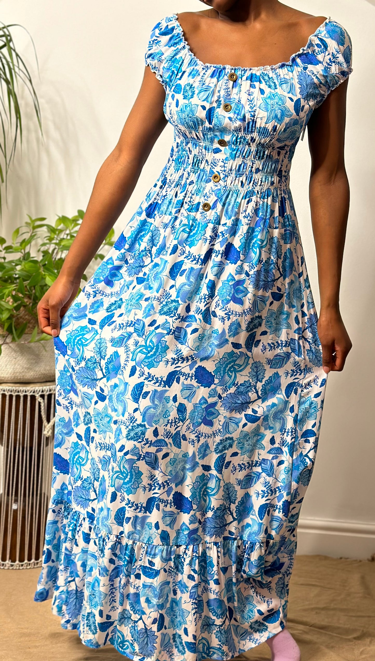 Stunning Floral Ruched Bardot Maxi Dress Size 8-16