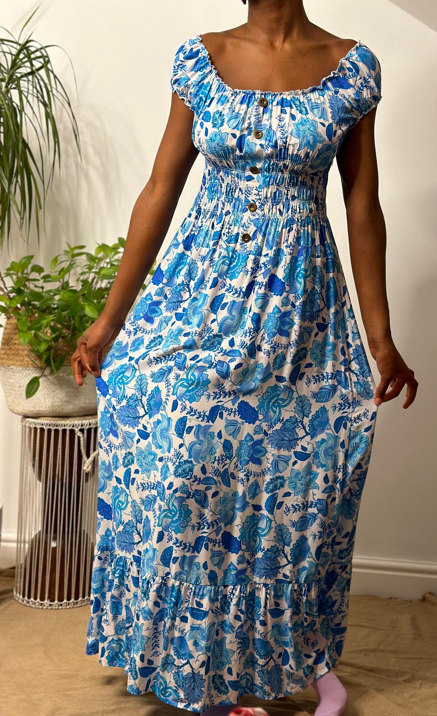 Stunning Floral Ruched Bardot Maxi Dress Size 8-16