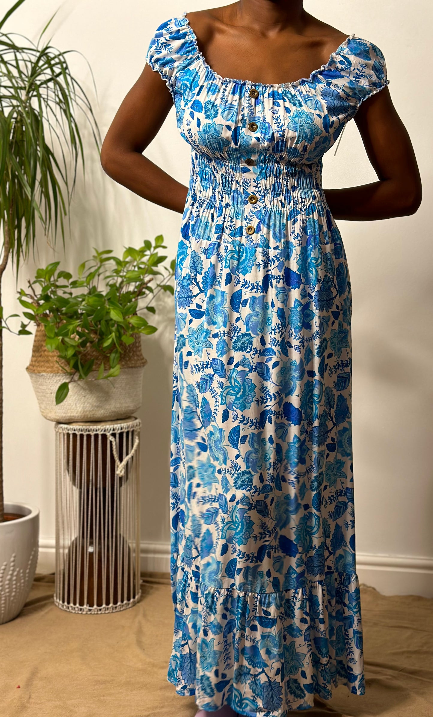 Stunning Floral Ruched Bardot Maxi Dress Size 8-16