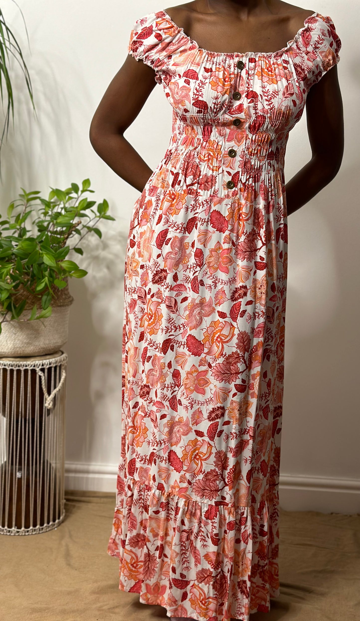 Stunning Floral Ruched Bardot Maxi Dress Size 8-16