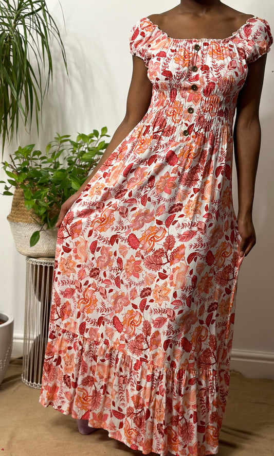 Stunning Floral Ruched Bardot Maxi Dress Size 8-16