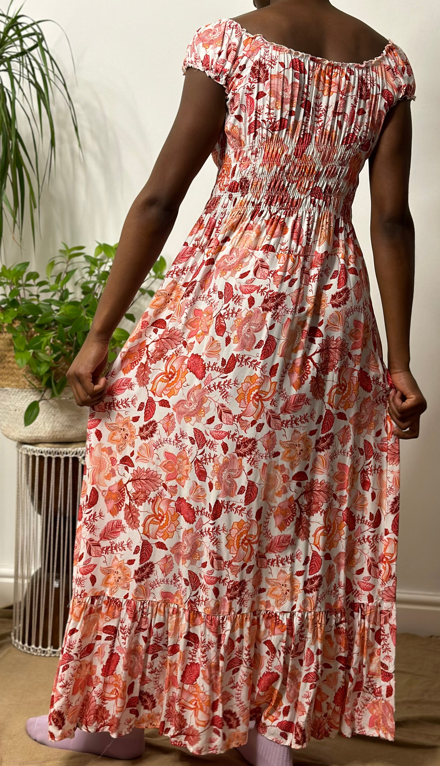 Stunning Floral Ruched Bardot Maxi Dress Size 8-16