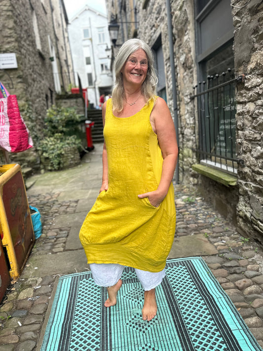 Stunning Mustard Pure Linen AKouma Dress with Pockets Cocoon Fits Size 10-18