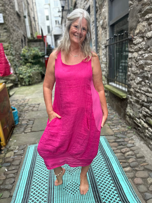 Stunning Fuchsia Pure Linen AKouma Dress with Pockets Cocoon Fits Size 10-18