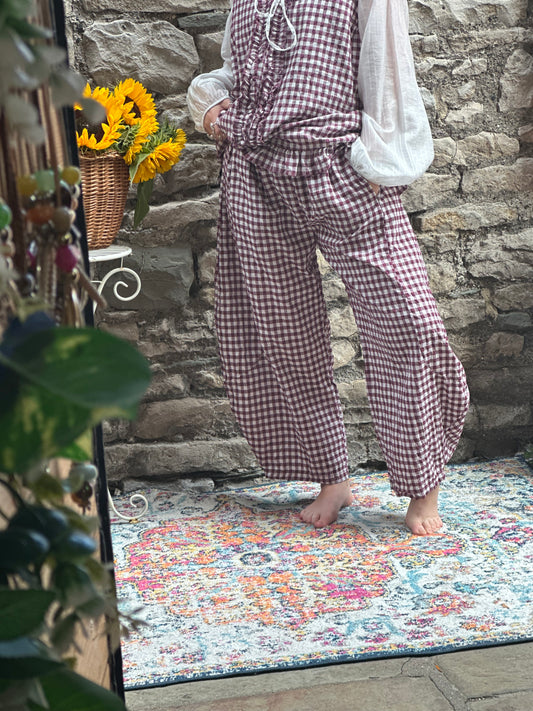 Tama Gingham Barrel Set Top And Trousers In aubergine One Size Fits Size 8-18 (worn over one of our airy blouses)