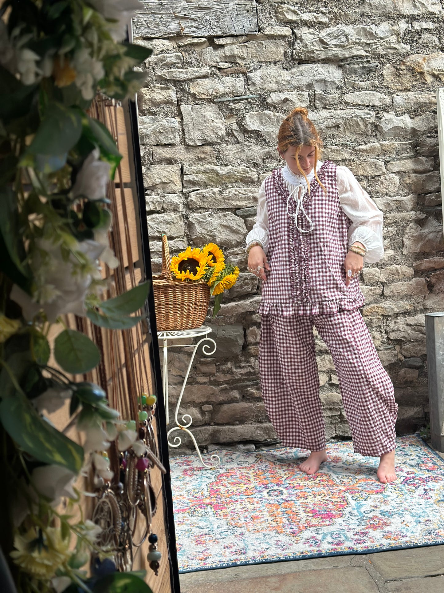 Tama Gingham Barrel Set Top And Trousers In aubergine One Size Fits Size 8-18 (worn over one of our airy blouses)