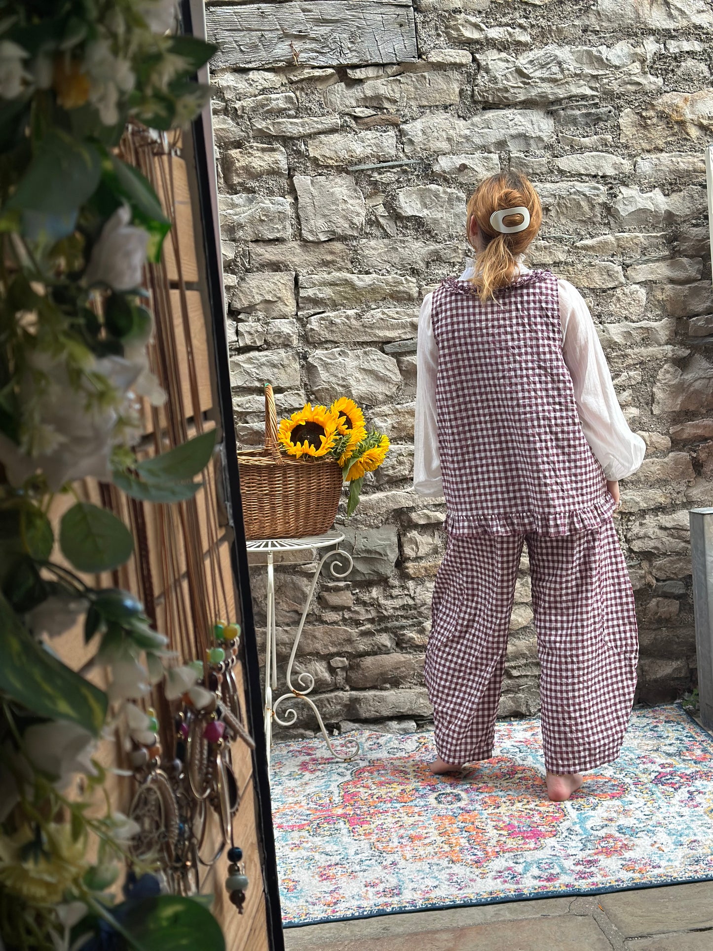 Tama Gingham Barrel Set Top And Trousers In aubergine One Size Fits Size 8-18 (worn over one of our airy blouses)