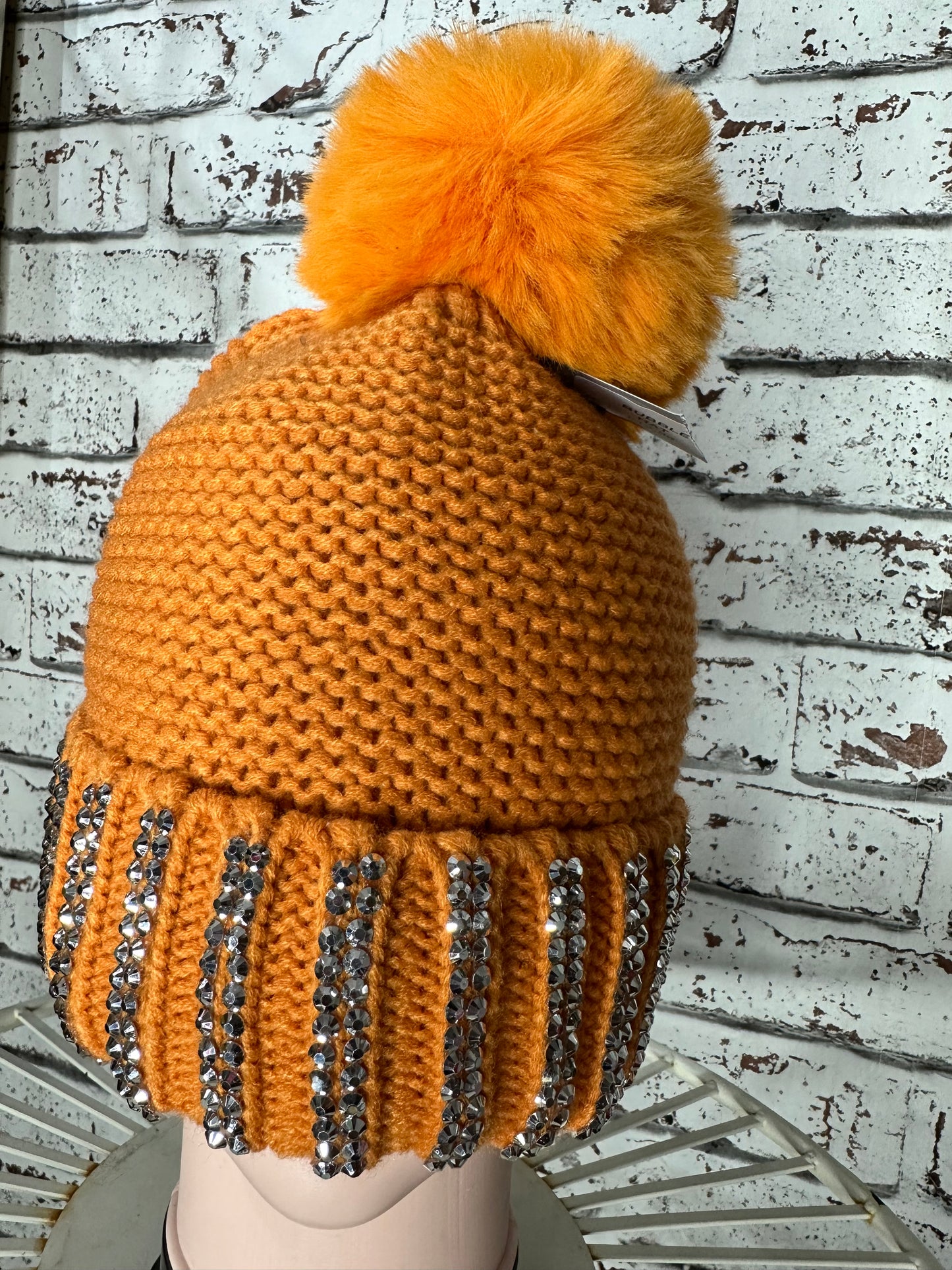 Soft Fleece Lined Bobble Hat/Beanie Sparkly Burnt Orange