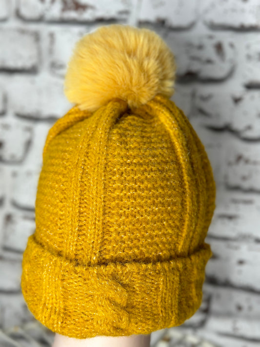 Soft Fleece Lined cashmere Bobble Hat/Beanie In Mustard