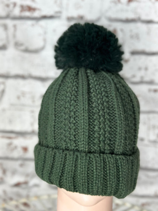 Soft Fleece Lined Bobble Hat/Beanie In Deep Green