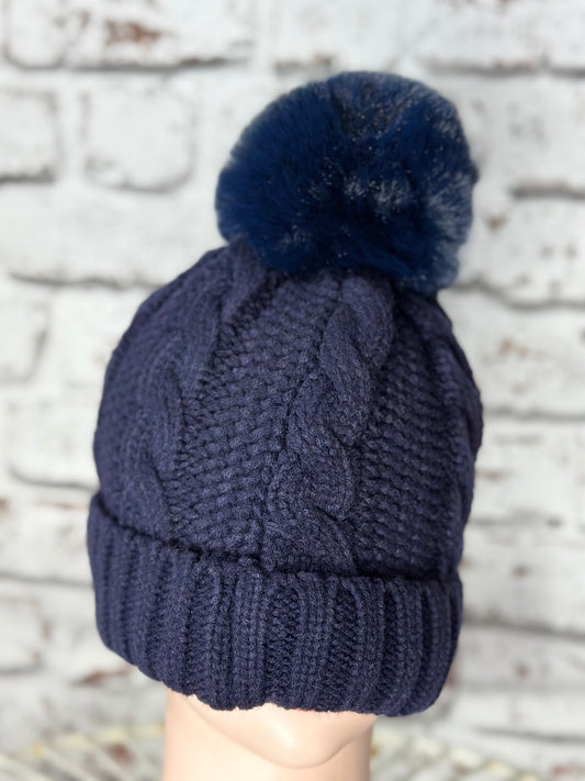 Soft Fleece Lined Bobble Hat/Beanie In Navy